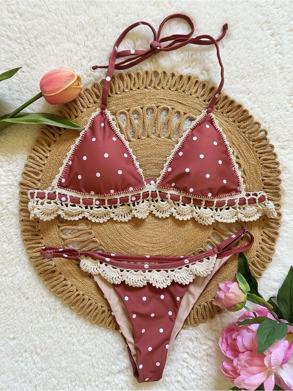 Clay Polka Dot Handmade Crochet Trim Triangle Bikini - Women Swim Small